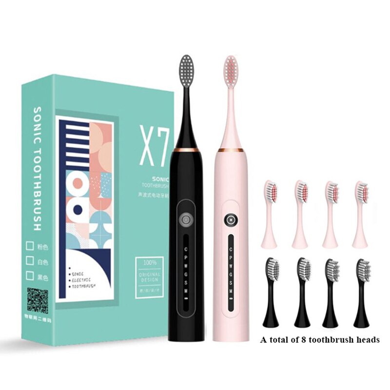 Sonic Toothbrush Smart Electric Tooth Brush Ultrasonic Automatic Toothbrush USB Fast Recharge IPX7 Waterproof for Adult X-7: black pink 4 head