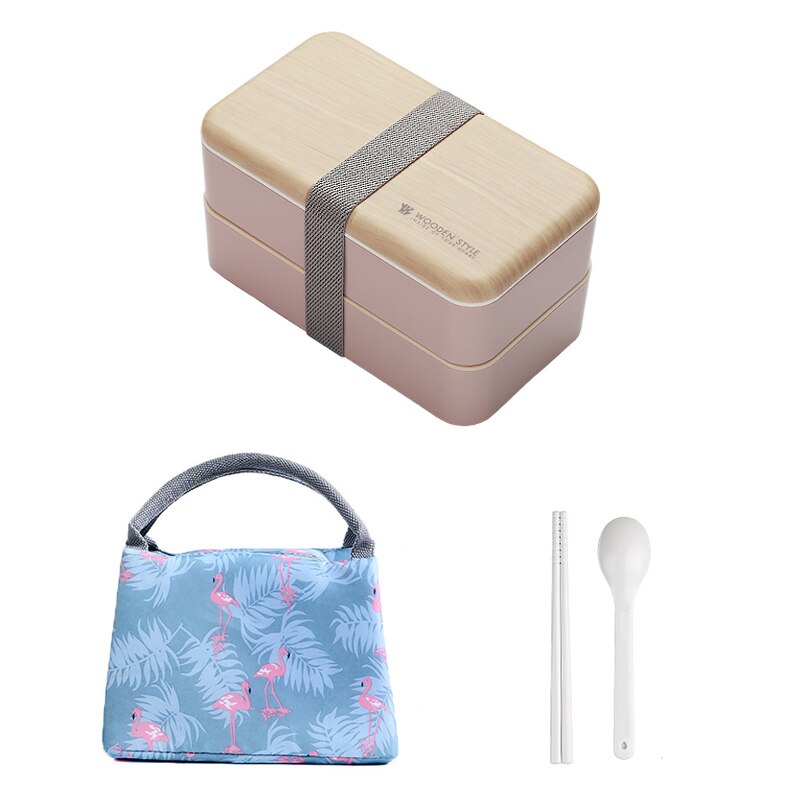 Microwave Double Layer Lunch Box For Kids Wooden Bento Box Portable Container Box BPA Free Lunchbox Food Box Dinner Pail: Pink-bag set