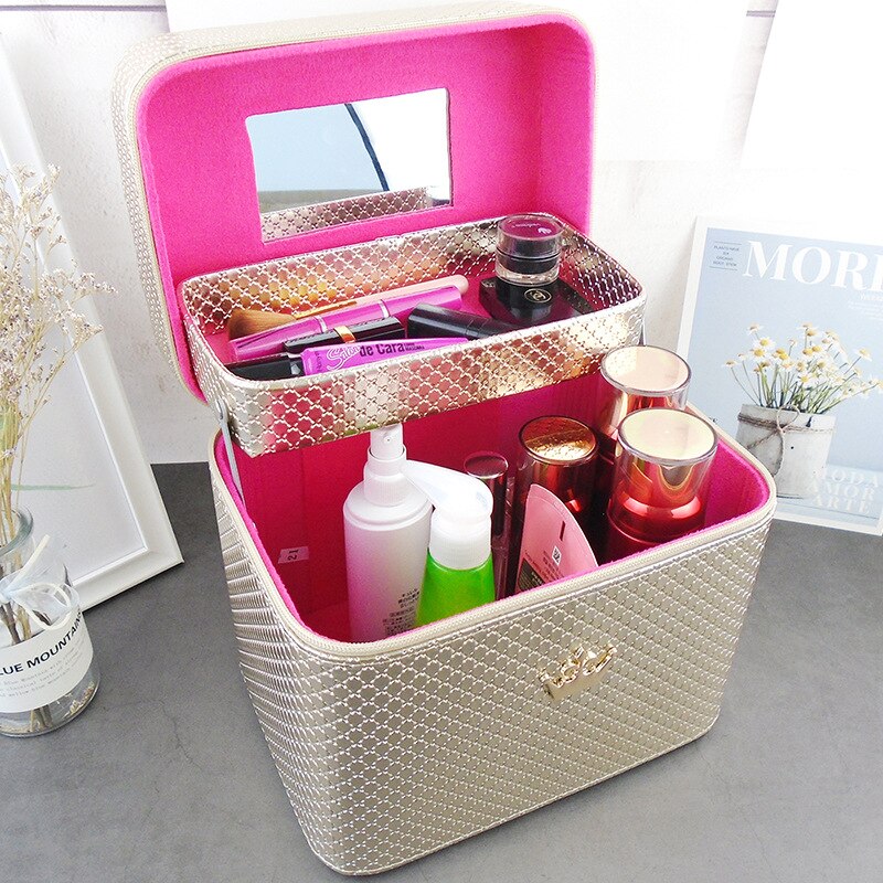 Cosmetic Bag Women Noble Crown Large Capacity Makeup Organizer Portable Brush Storage Case ZF9531: Gold(Double layer)