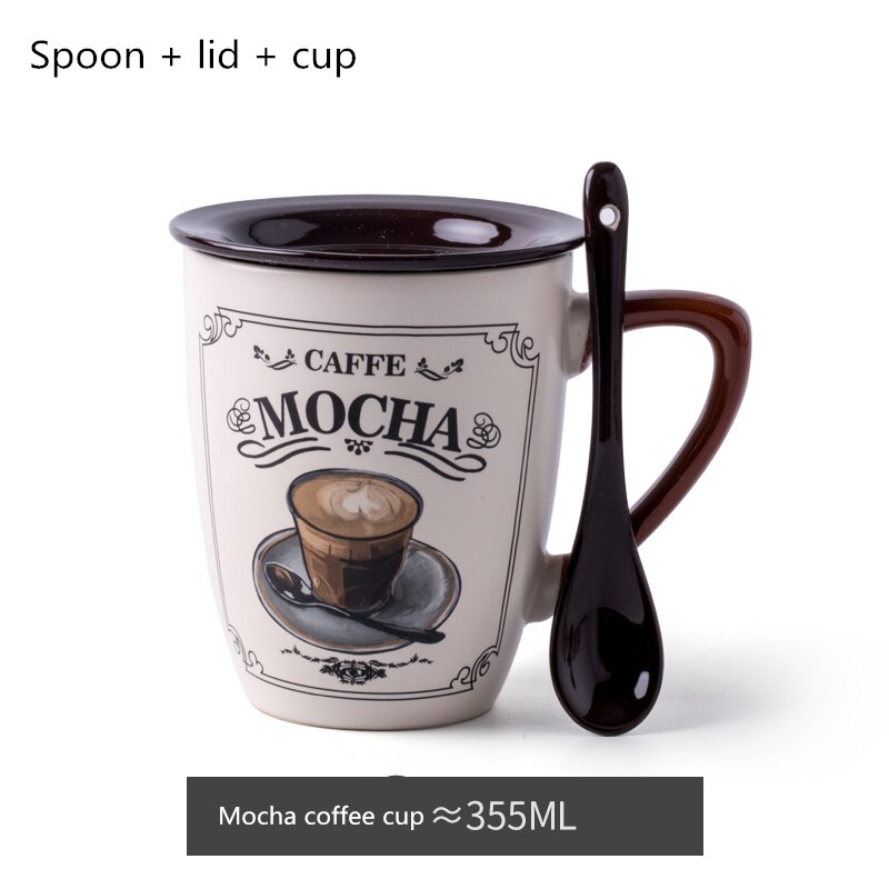 Pequeña taza de café de lujo de estilo europeo, creativa taza de agua de cerámica para hombres y mujeres, taza para el hogar, Taza de leche con tapa, cuchara: Mocha coffee cup