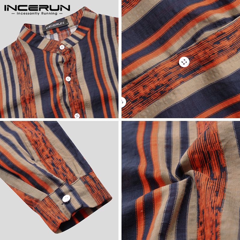 Incerun Vintage Gestreepte Mannen Shirts Lange Mouw Stand Kraag Blouse Man Katoen Chic Ademende Casual Shirts Lente Mens Camisa