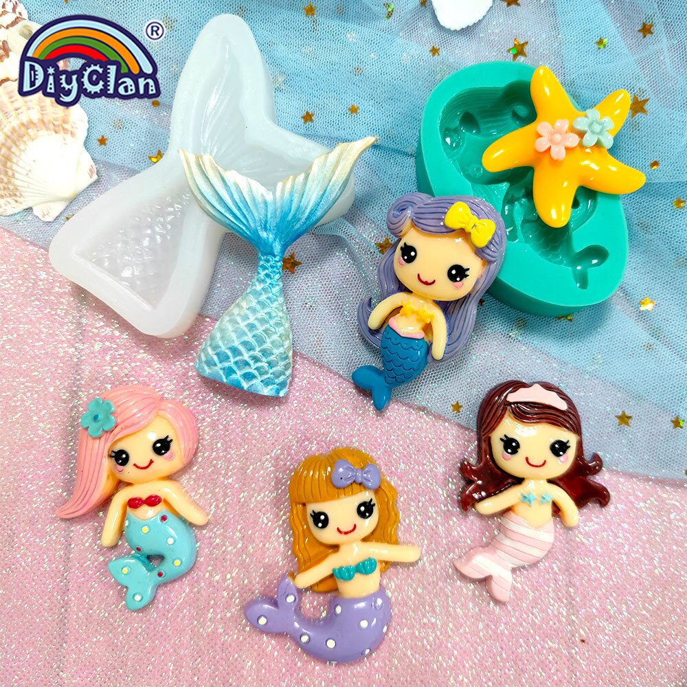 Moule sirène en Silicone pour décoration de gâteau Fondant, dessin animé, filles, Cupcake au chocolat, forme en Silicone pour outils en argile polymère, étoile de mer