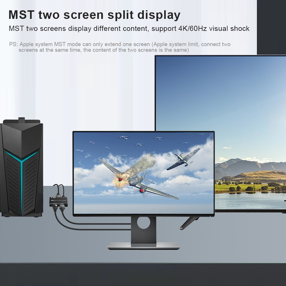 UHD Video Splitter Displayport to Displayport 1.4&amp;HDMI 2.1-Compatible 1x2 MST SST Hub 8K@30Hz 4K@120Hz 2K@240Hz 3D HDR 4:4:4
