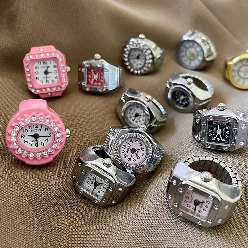 Anillo de reloj colorido para hombre y mujer, puntero Retro plateado, reloj de cuarzo, anillos para dedo, correa de aleación Punk, relojes, accesorios de joyería