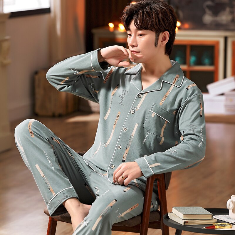 Inverno Homens primavera Outono 100% Algodão Conjuntos de Pijamas do Sono Top & Calças de Pijama Masculino Roupas Casuais Casa Sleepwear: XXXL