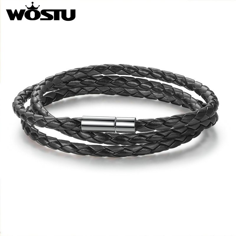 Wostu 6 Kleur 60Cm Pu Lederen Wrap Armband Met Magneet Sluiting Sieraden Voor Vrouwen mannen Pulseira: black