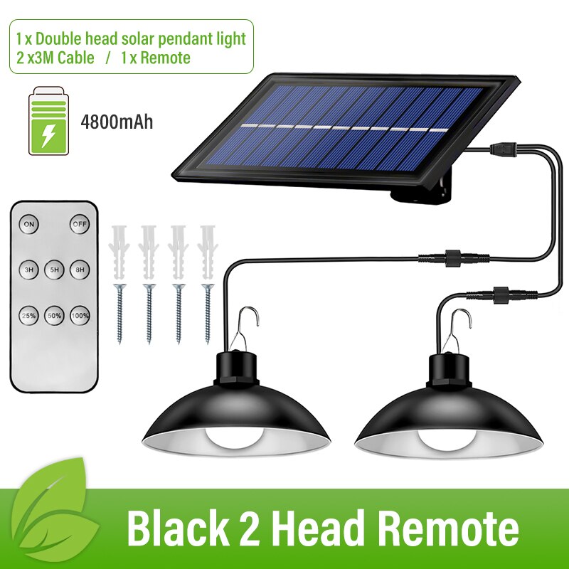 Luces colgantes de doble cabeza impermeables IP65, lámpara Solar para interior y exterior, luces de cobertizo con Cable alimentadas por luz Solar para patio, Camping, etc.: Remote 2 Heads Black / White - 6500K