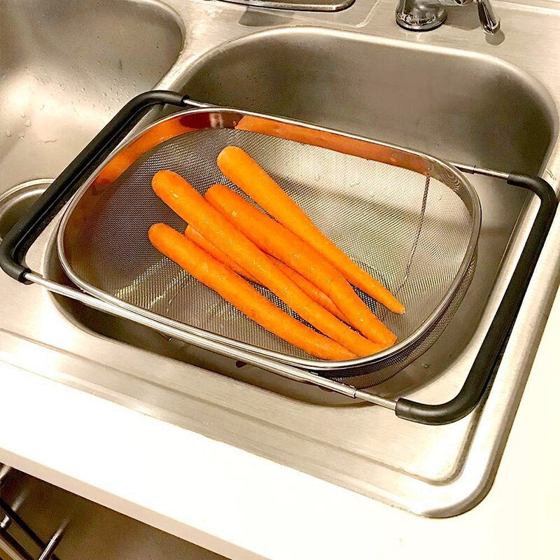 Gootsteen vergiet zeef mand roestvrij staal, voor keuken gootsteen met rubberen grip, fijnmazig roestvrij staal, uitschuifbare metalen zeef