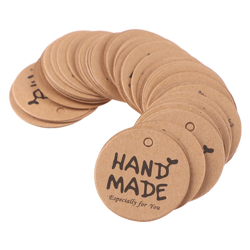 100 pièces rondes faites à la main avec amour Kraft papier étiquettes volantes + 20m chanvre cordes vêtement bagages étiquettes papier étiquettes