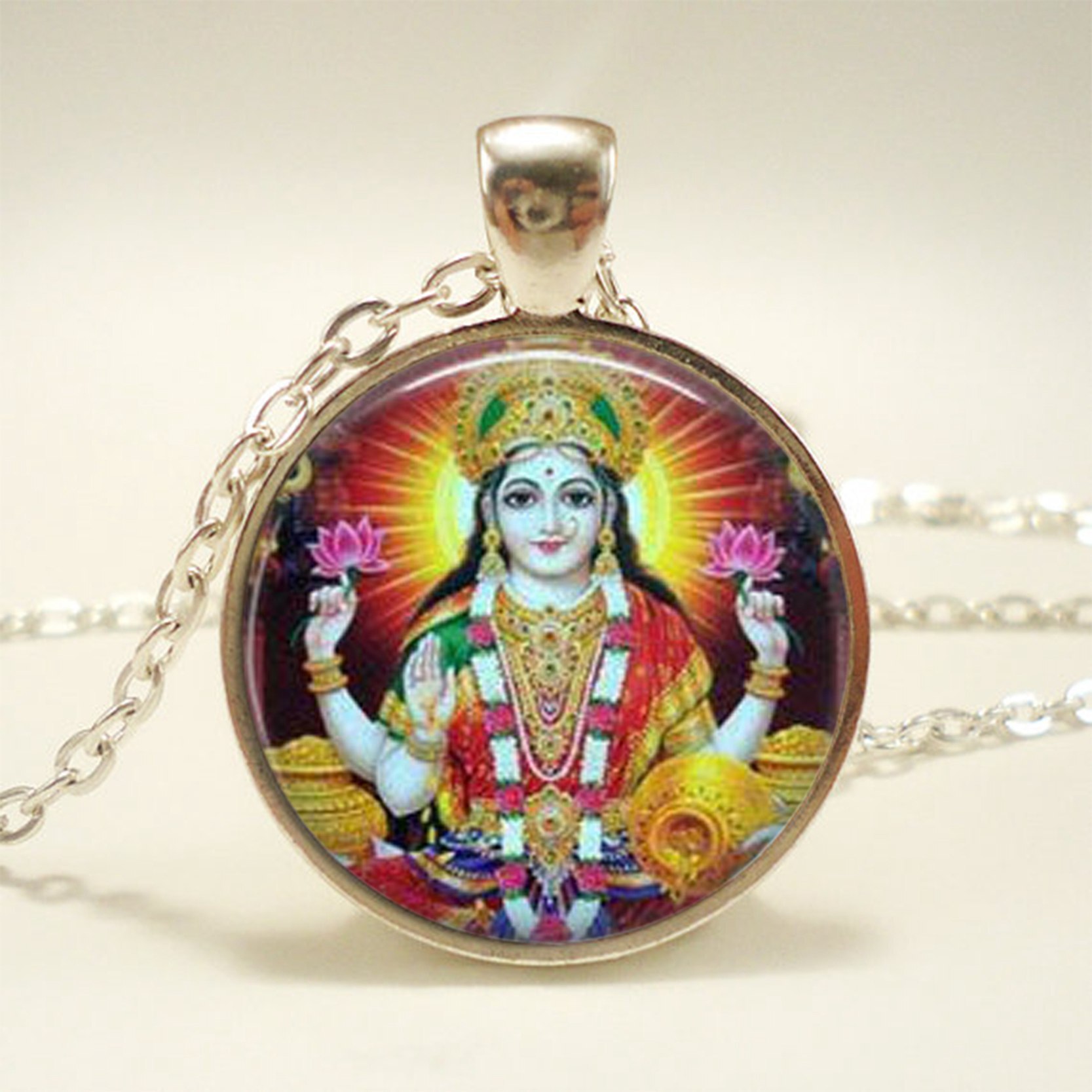 Krishna and Radha Amulet Necklace Glass Cabochon Jewelry Silver Chain Lakshmi Pendant Hinduism Shiva Necklace for Women: 6