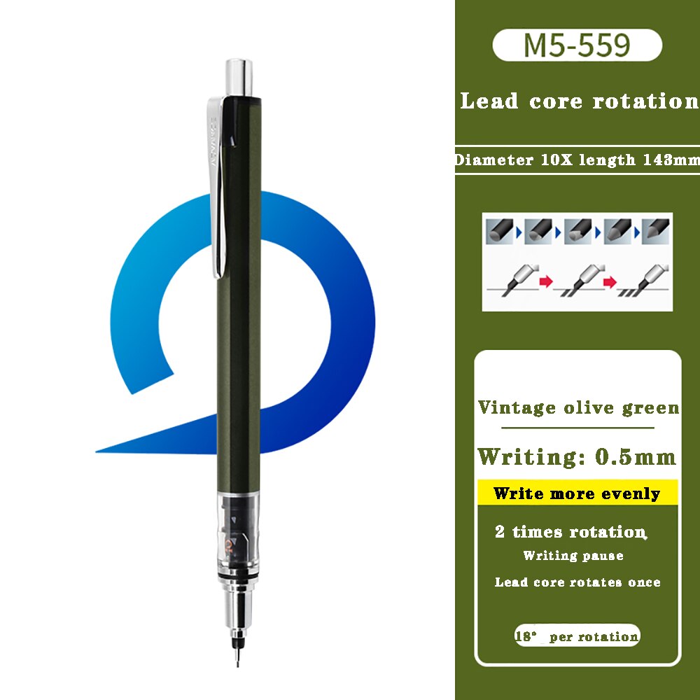 Lápiz giratorio automático, M5-559 de edición limitada, UNI, Japón, no es fácil de romper, Kurutoga, 0,5mm, papelería escolar: Vintage olive green
