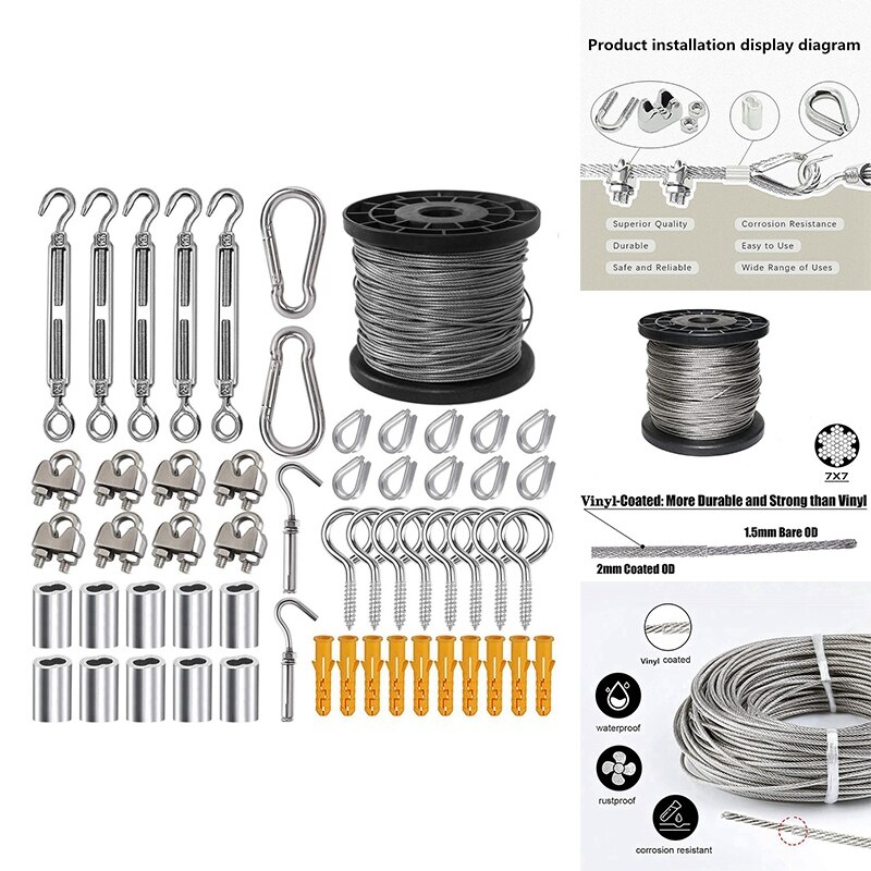 1/16 Wire Rope Kit, Wire Cable, Coated Aircraft Cable, 7X7 Stranded Core Outdoor Light String Suspension Kit