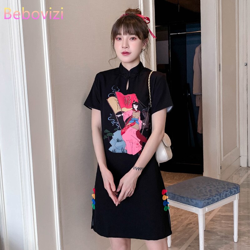 Plus Size M-4XL Black Casual Party Loose Modern Cheongsam Dress Women Short Sleeve Qipao Traditional Chinese Clothes