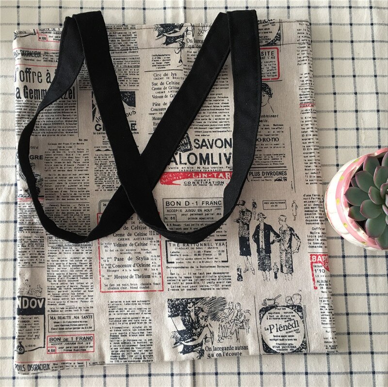 Bolso grande de hombro para compras YILE, algodón, lino, Eco Market, estampado de ilustración, periódico 8417d