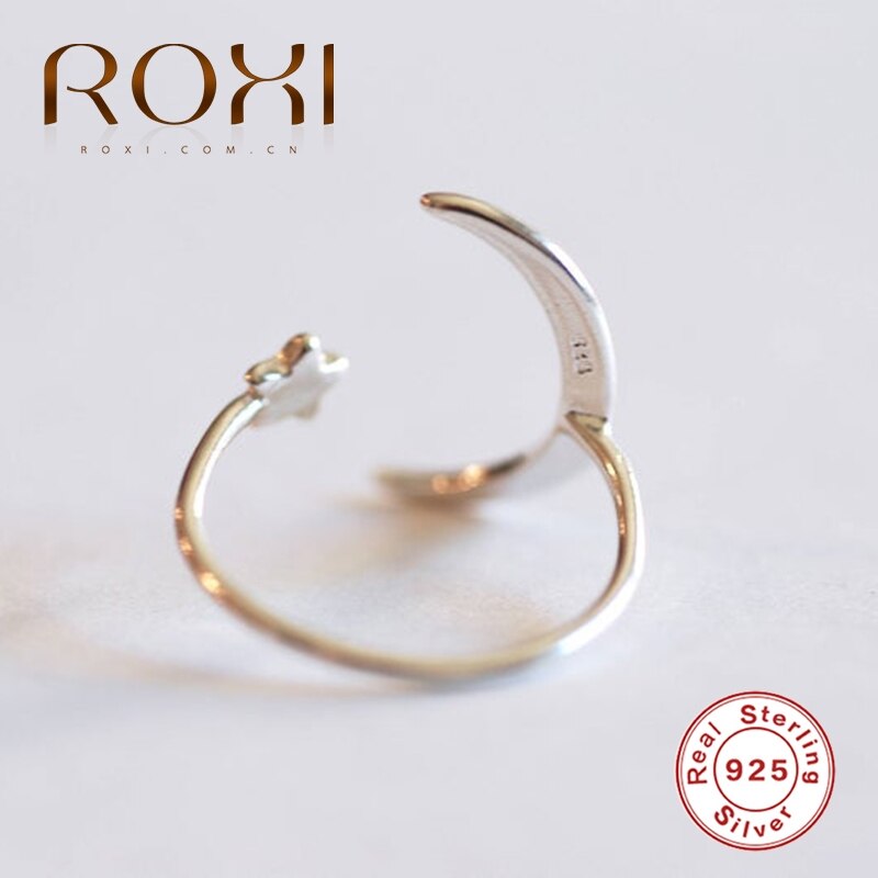 Anillos abiertos de estrella simétricos ROXI Moon para mujeres Anillos de plata de ley 925 joyería Bague bisutería para mujer Luna anillo abierto de plata