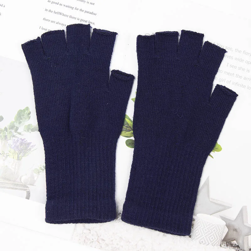 Guantes sin dedos de medio dedo para hombre y mujer, manoplas de punto de lana y algodón, color blanco y negro, cálidos para trabajo, otoño e invierno, novedad de 2022: Azul marino