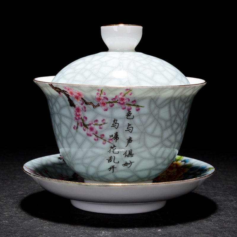 190 Ml Jingdezhen Gaiwan Keramische Porselein Bloem Vogel Patroon Art Thee Kom Met Schotel Deksel Kit Master Thee Terrine Drinkware