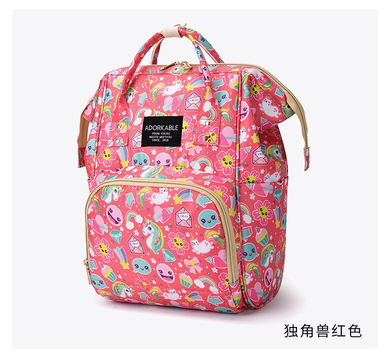 Stijl Mode Luiertas Moeder En Baby Rugzak Mode En Persoonlijkheid Gedrukt Hand Grote Capaciteit Schouder Kraam Tas: Unicorn Red