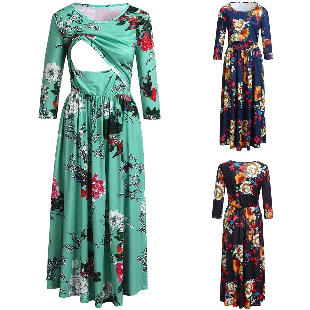 Vrouwen Zwangerschap Jurk Bloemen Bloemen Jurk Moederschap Baby Verpleging Kleding Zwangere Vrouw Katoen Gestreepte Borstvoeding Lange Jurk