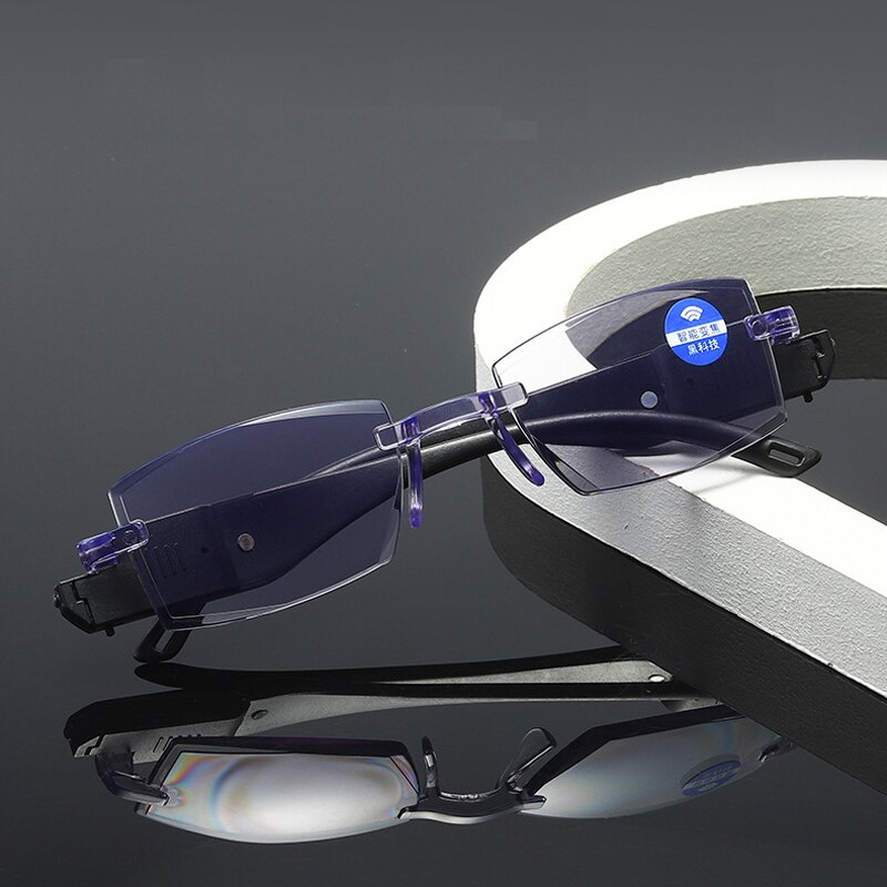 Anti-blue Light Reading Glasses Distance And Near Dual-use Rimless Edge-cutting Eyeglasses With Led Light For 100-350 Degree