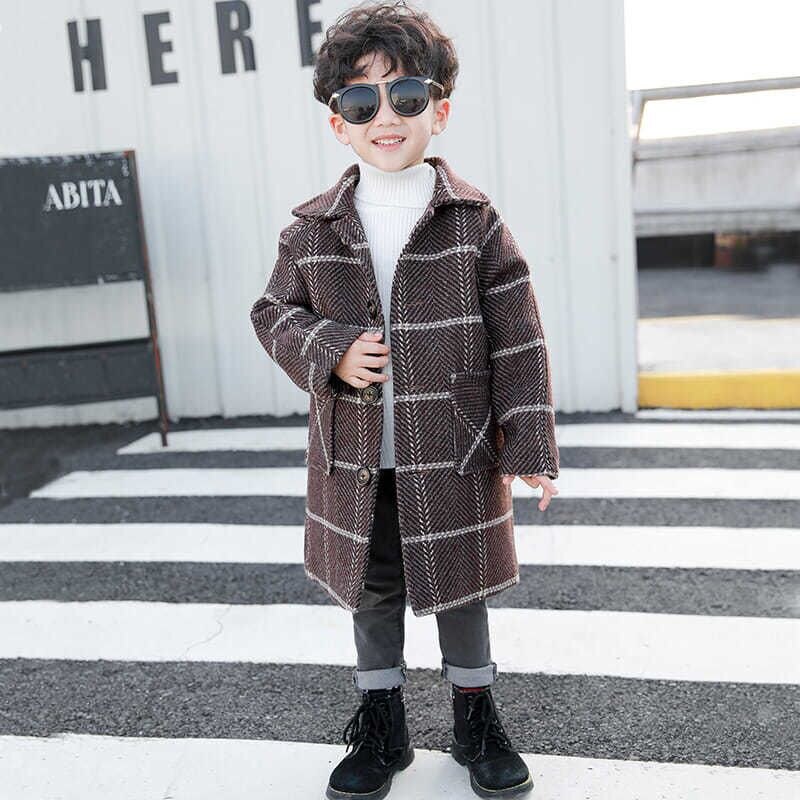 Abrigo de lana para niños, chaqueta gruesa a cuadros para otoño e invierno, abrigo largo de lana de un solo pecho