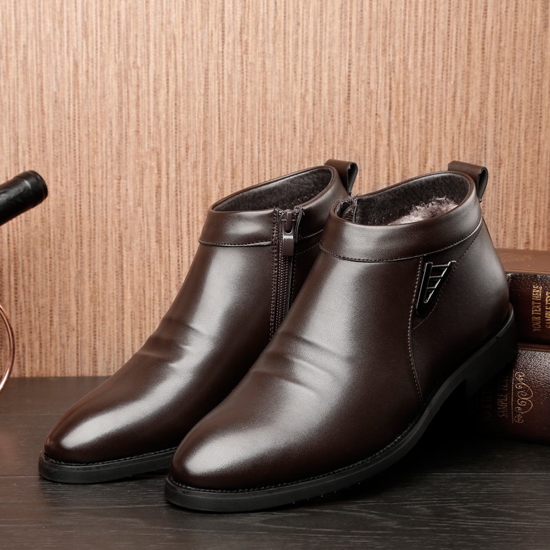 Företag chelsea boots herr vinter ankel boots herr läder dragkedja sida tjock konstgjord päls snö boots herr vinter klänning skor