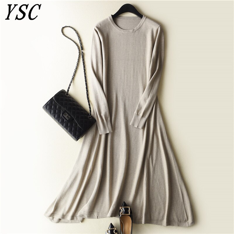 spring Latest style Women's Knitted Cashmere Wool Dress Long style Solid color Round collar A-Line: oatmeal