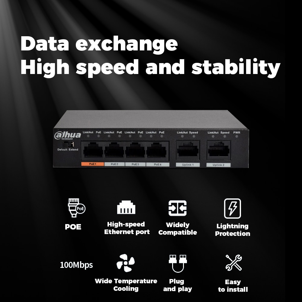 Dahua 4ch PoE Switch DH-S1500C-4ET2ET-DPWR 4CH Ethernet Switch Support PoE PoE+ Hi-PoE Protocol