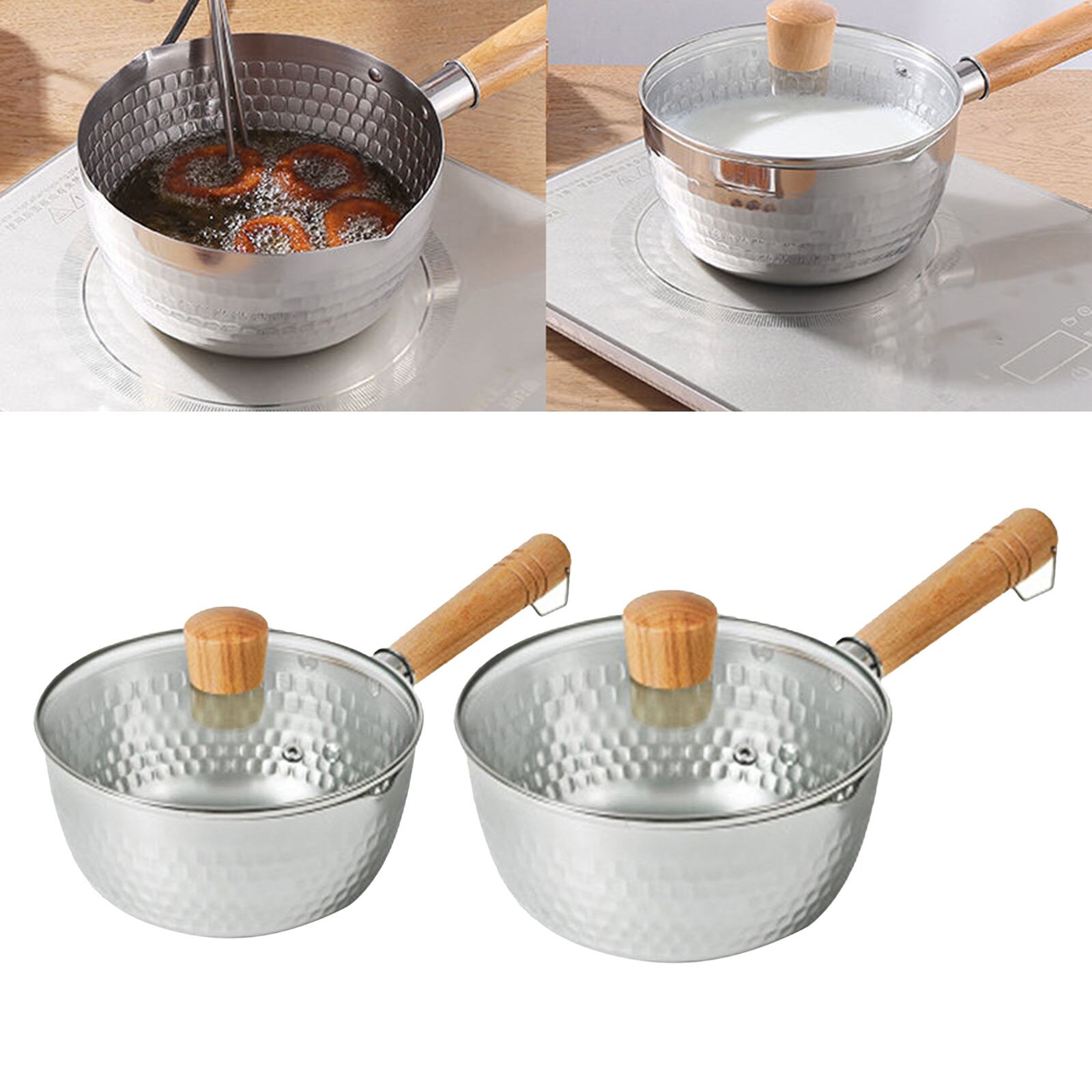 Stainless Steel Cooking Pot with Lid Porridge Diversion Ports Wood Handle Easy Clean Kitchen Accessories Cooking Tools