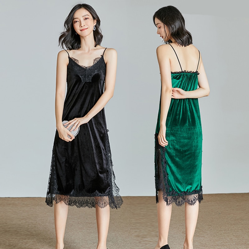 Long Full Slips Spaghetti X-Long Slip Green Black Color Velvet Underdress V-neck Lace Patchwork Comfortable Clothing for Women