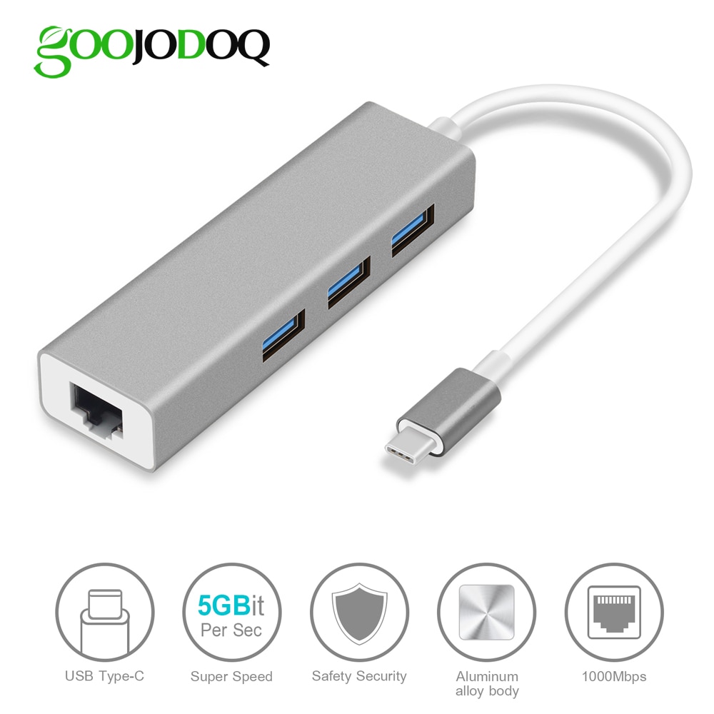 Usb c ethernet-adapter met 3 usb 3.0- hubs voor macbook pro pc, goojodoq usb type c-hub gigabit ethernet  rj45 lan usb c-hub