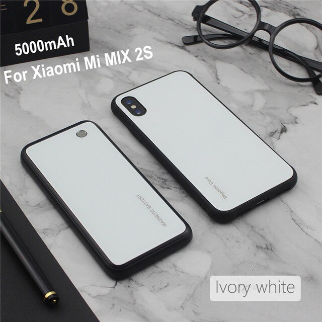 Wireless Magnetische Batterie Ladegerät Fällen Für Xiaomi Mi MIX 2S Batterie Fall Gehärtetes Glas Power Fall Für Mi MIX 3 lade Abdeckung: White For MIX 2S