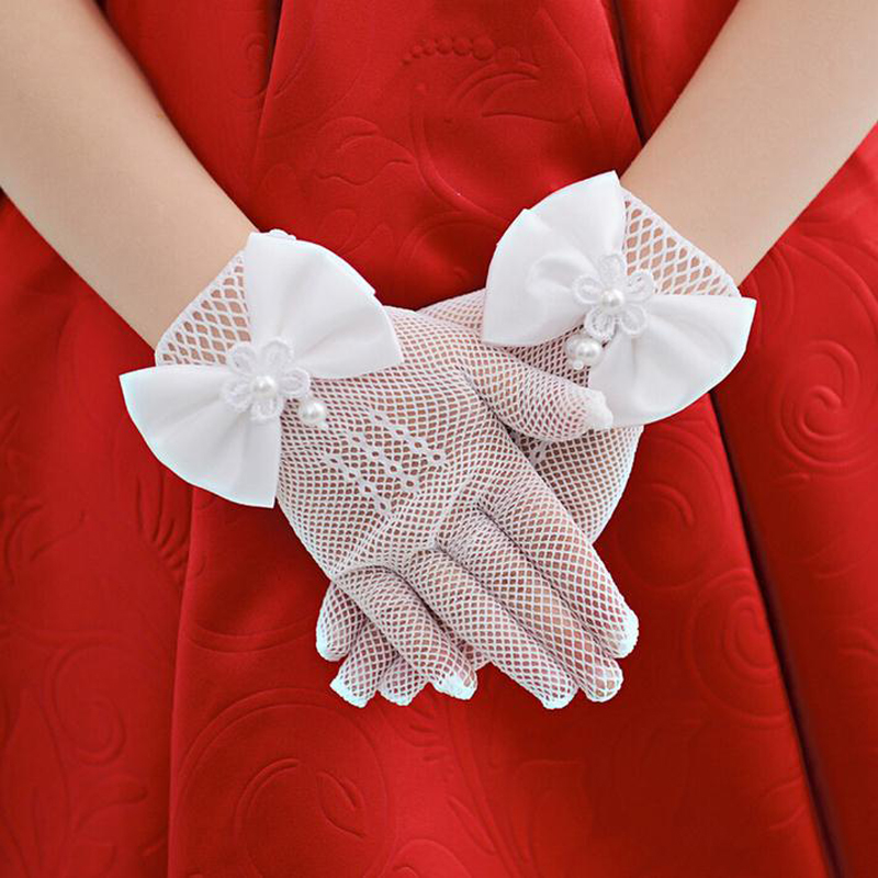 Exquisito encaje blanco Faux perla Fishnet guantes Flor de comunión para 4-15 años niñas novia ceremonia Accesorios