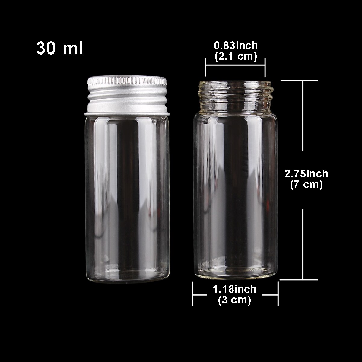 Botellas de vidrio con tapas de aluminio para boda, frascos de vidrio con tapas para favores, manualidades artísticas, 10ml, 15ml, 20ml, 25ml, 30ml, 40ml, 50ml, 60ml, 80ml, 100ml, 24 unids/lote: 30ml(30X70mm)