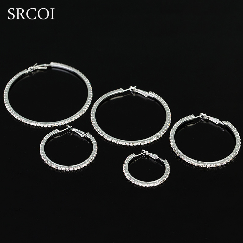 SRCOI Mode Grote Kristallen Oorbellen Hoops Grote Oorringen Zilver Oorbellen Rond Creolen Voor Vrouwen Cirkel Sieraden