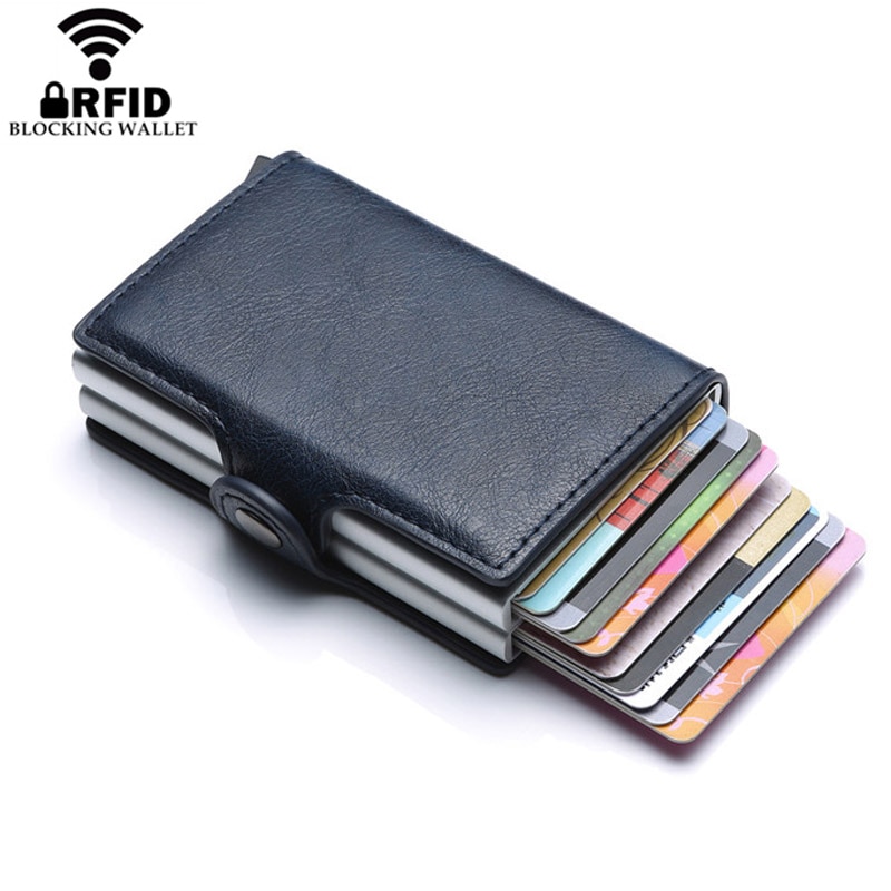 Dobbeltlag anti rfid mænd læder kreditkortholder metal id-kortholder aluminiumskortbeskyttelse mandlig rejsepung