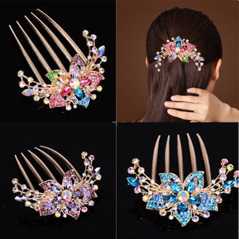 1Pc Kleurrijke Bloemen Rhinestone Haarspelden Retro Vrouwen Hollow Out Crystal Haar Kam Haarspeld Mode Haaraccessoires Hoofdtooi