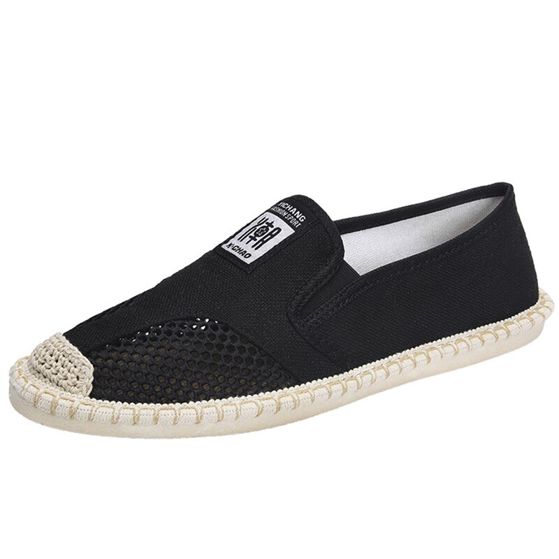 men breathable flat shoes espadrilles linen woven sleeves casual canvas shoes classic driving straw mesh lazy shoes sneakers: Black / 9.5