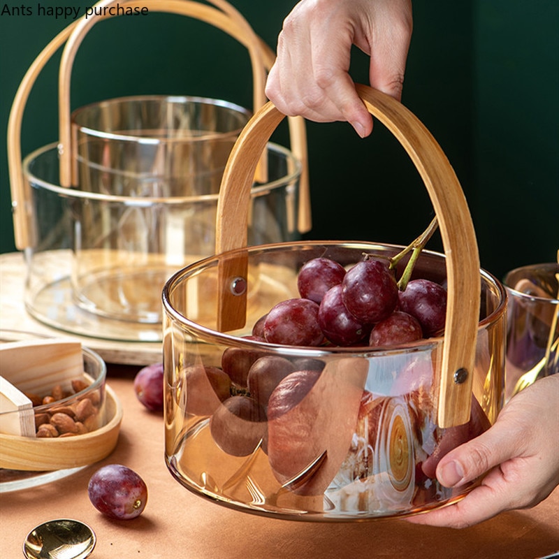 Nordisk stue glas frugtplade gennemsigtig isspand salatskål hjemmebrug snacks frugtopbevaringskurv med træhåndtag
