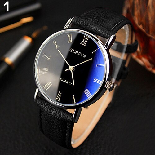 Männer Uhr Römischen Ziffern Blu-Strahl Faux Leder Band Quarz Analog Geschäft Armbanduhr
