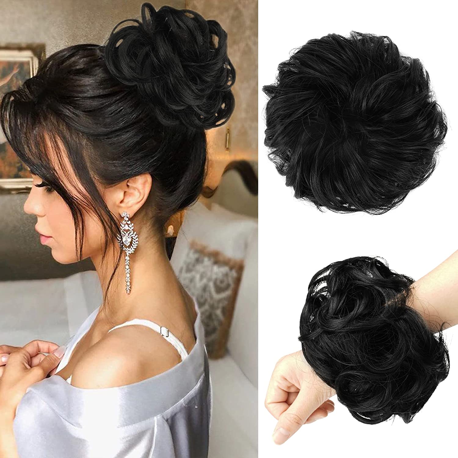 6-Zoll-Kunsthaar-Dutt-Erweiterungen, unordentliche lockige elastische Haargummis, Haarteile, Chignon, Krapfen, Hochsteckfrisur, Haarteile für Frauen
