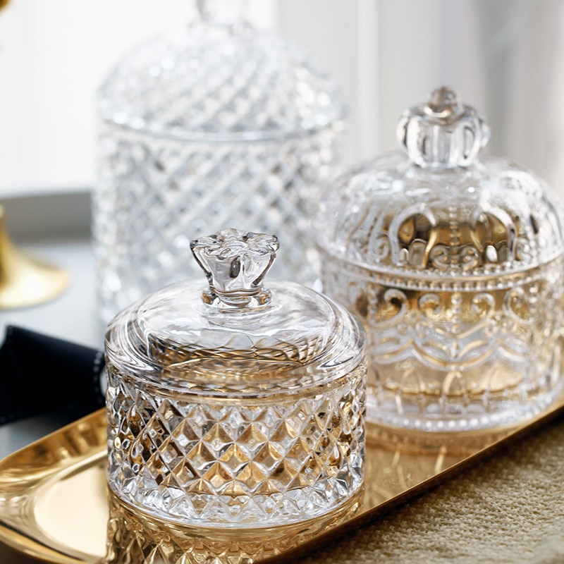 Nordic Crystal Glass With Lid Storage Tank Embossed Candy Cans Jewelry Storage Jar Snack Fresh Canister Married Festive Decor