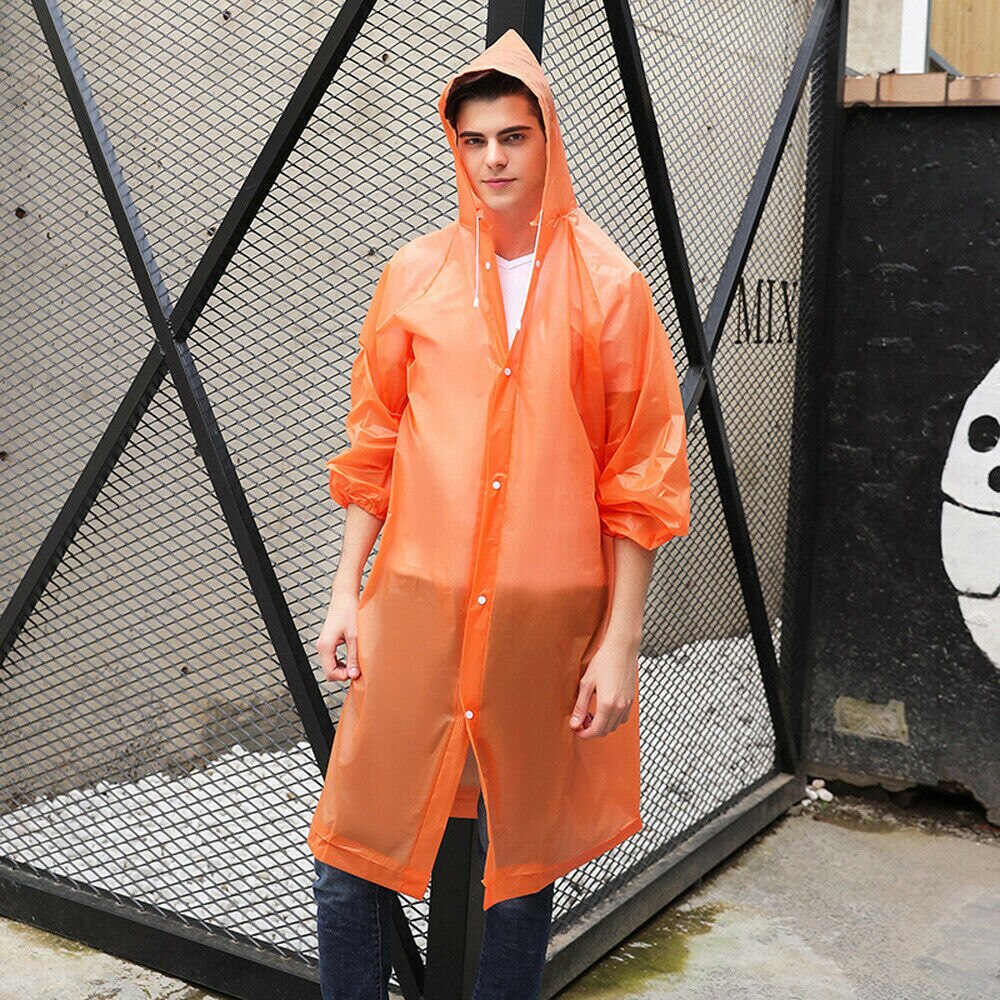 Kvinder mænd voksne eva miljø gennemsigtig regnfrakke med hætte til regnfrakke udendørs regntøj vandtæt poncho: Orange voksen