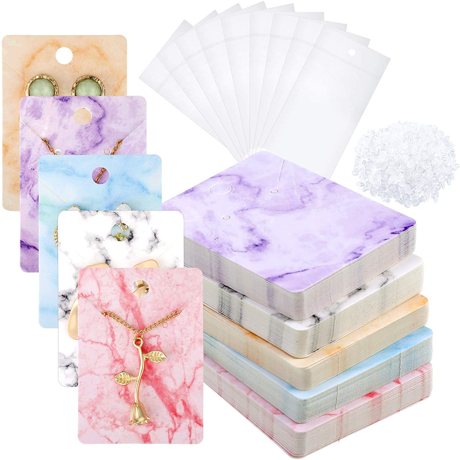 50pcs Paper Earring Display Cards with Self-Seal Bags Colorful Marbling DIY Handmade Packing Cards for Earring Stud Necklace