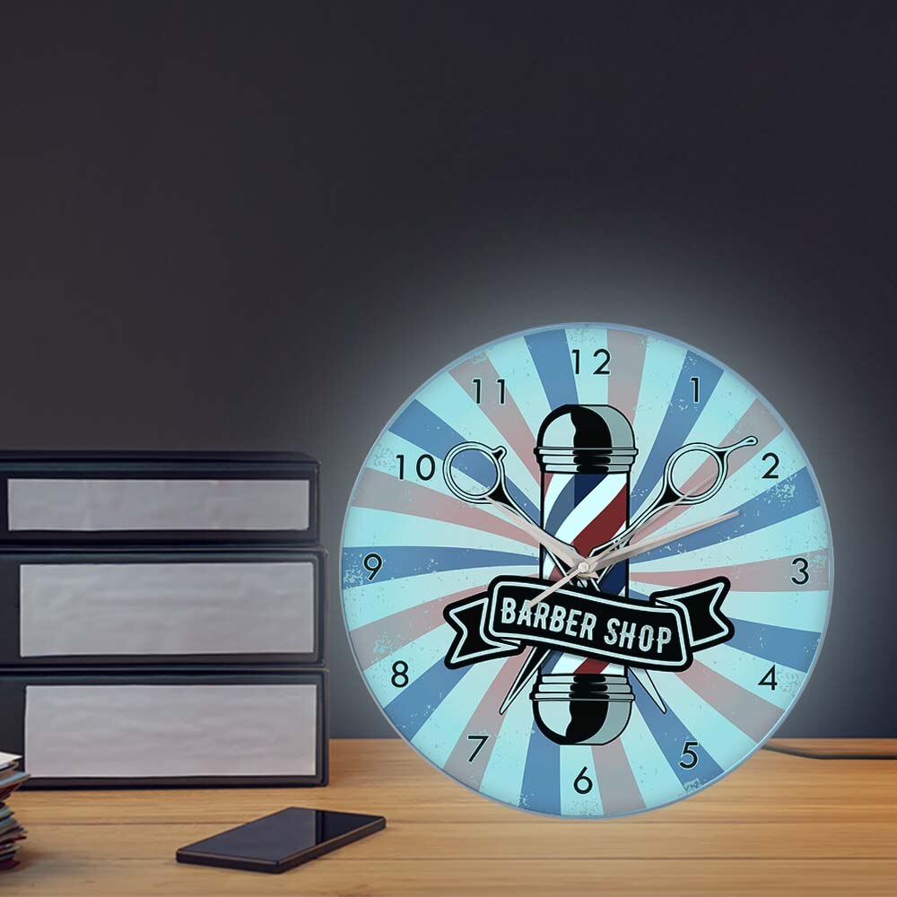 Barber Shop Pole Business Sign Metal Frame Wall Clock Hairdresser Pole Cutting Hair Store Advertisement Wall Art Hanging Watch