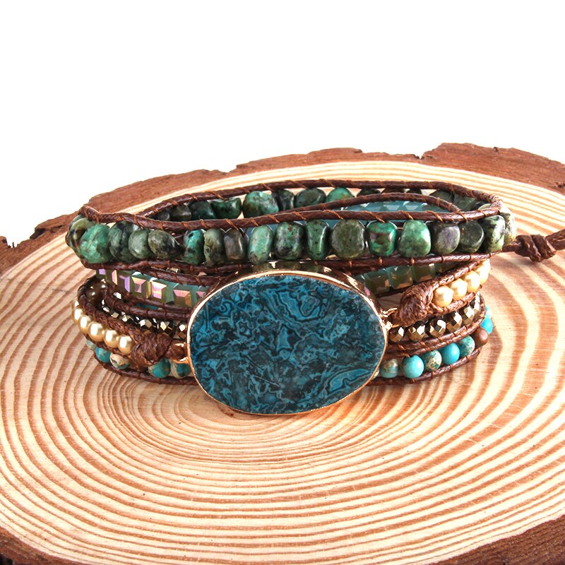 RH-pulsera Bohemia con cuentas y piedras naturales para mujer, brazalete de 5 hebras con abalorios, color negro,: Azul