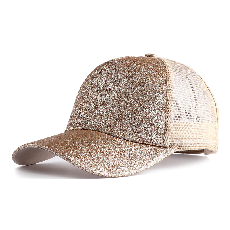 Gorra de béisbol con cola de caballo alta y purpurina para mujer, gorra Snapback informal de malla negra, blanca y rosa, Gorras de camionero para mujer 2023: Oro
