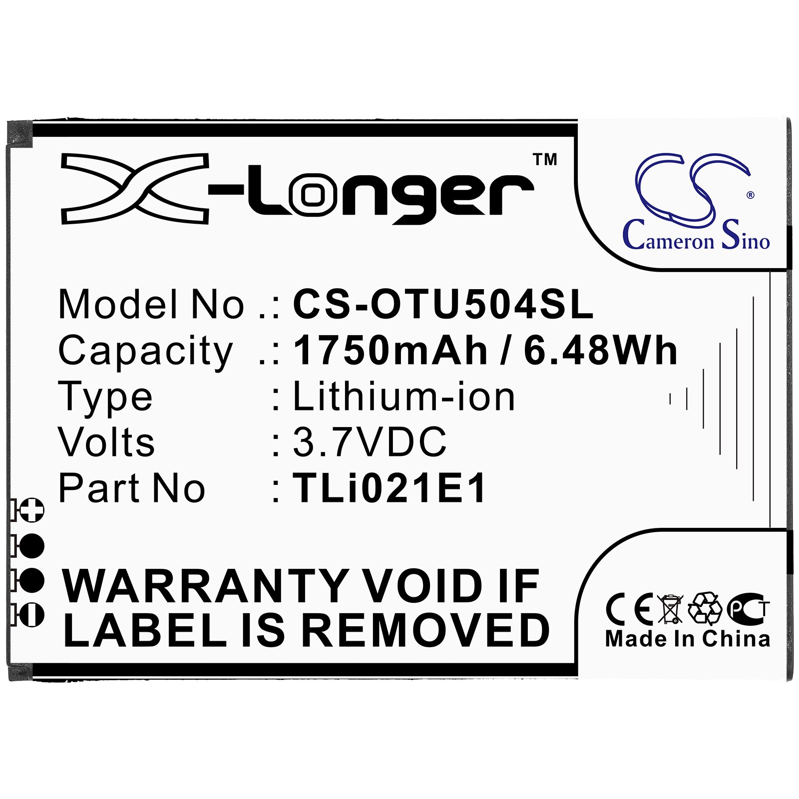 CS 1750mAh / 6.48Wh battery for Alcatel OT-5047U, U5 HD CAB2150008C1, TLi021E1