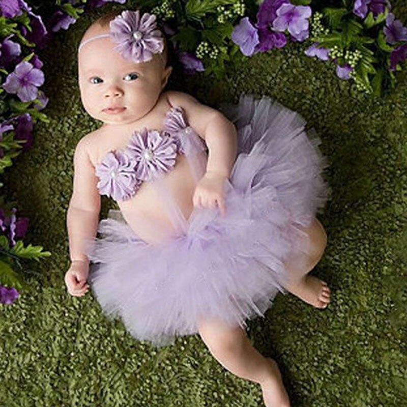 Top Verkoop Meisje Tule Tutu Rok En Bloem Hoofdband Set Pasgeboren Fotografie Props Baby Foto Props Baby: Light purple