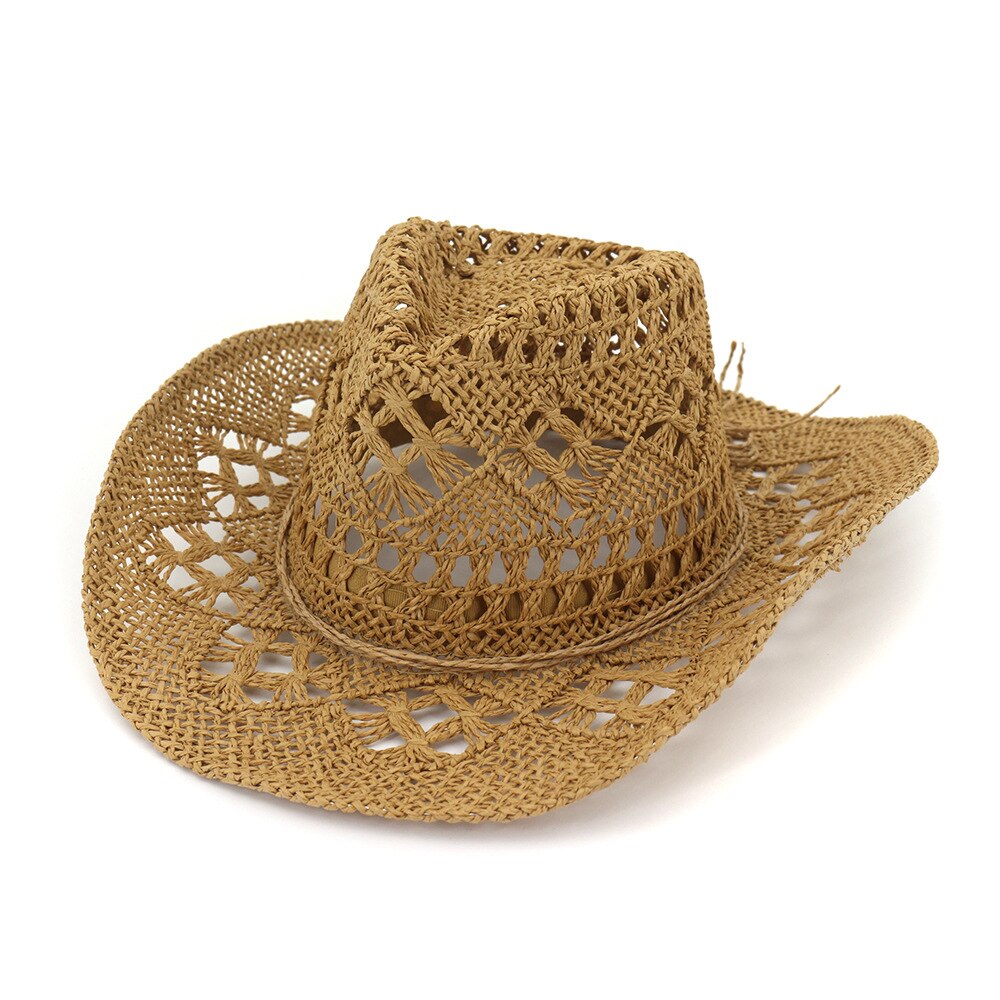 Sombrero vaquero hueco de rafia para hombres de verano con cuerda delgada de ala ancha rizada occidental gorro de protección solar Unisex sombreros